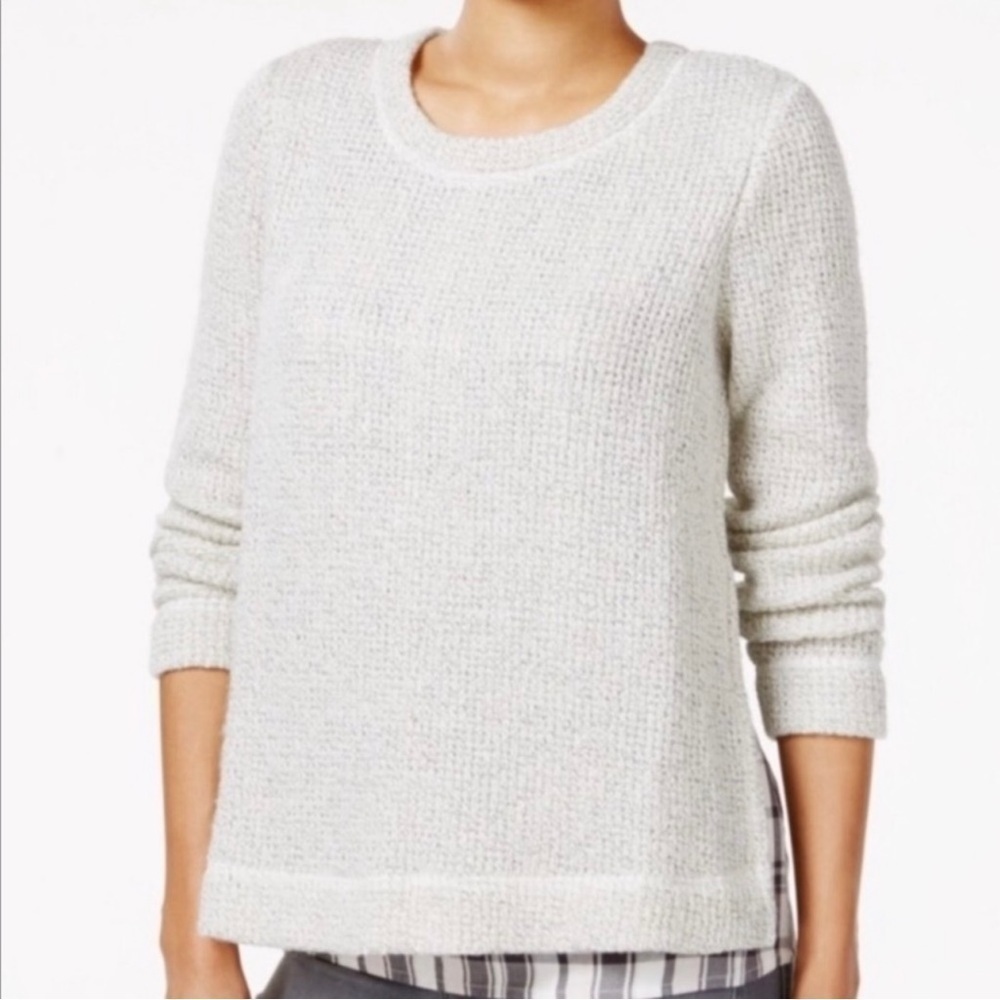 Sanctuary Light Gray Plaid Lined Wool Blend Knit Pullover Sweater Small Women’s